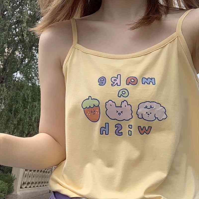 

Spring summer Camis Women Style Japanese Cute Printed Soft Girl With A Base Slimming Slim Wearing Short Camisole Cute, White