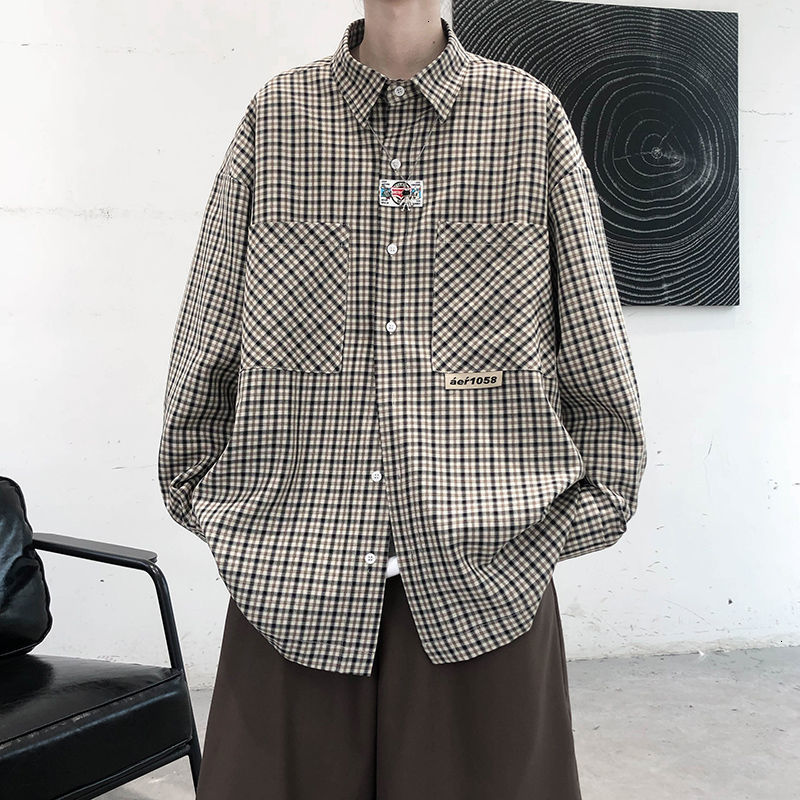 

2021 New Men's Lattice Printing Hawaiian Trendy Loose Long Sleeve Shirt Camisa Masculina French Cuff Mens Fashion Shirts N9sd, Brown