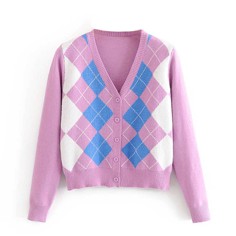 

Cardigan sweater fashion geometric rhombic cardigan female British style warm women' coat top 210601, Gray