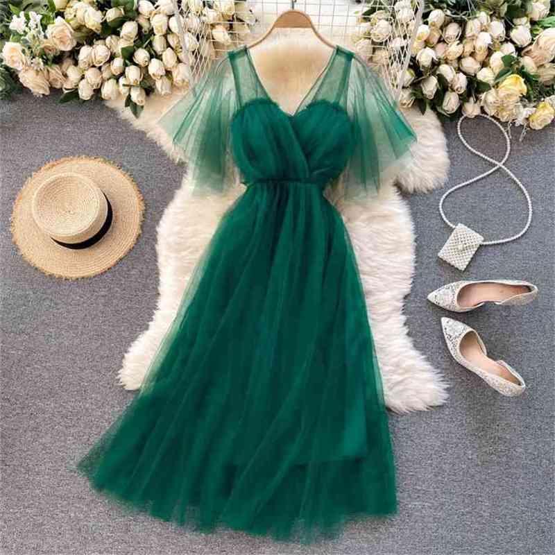 

Women Boho Mesh Dress Fashion Summer Short Sleeve Sexy V Neck High Waist A Line Lace es Ladies Midi Vestidos 210525, Green