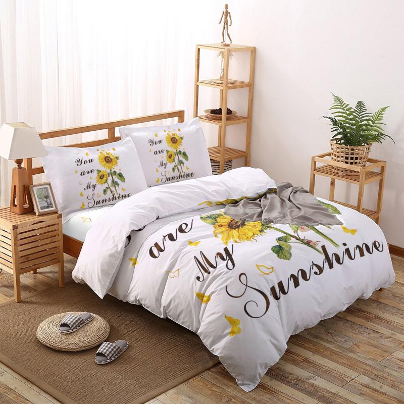 

Bedding Sets Sunflower Butterfly White Print Comforter Set Duvet Cover Queen King Bed Home Housse De Couette Gift, As pic