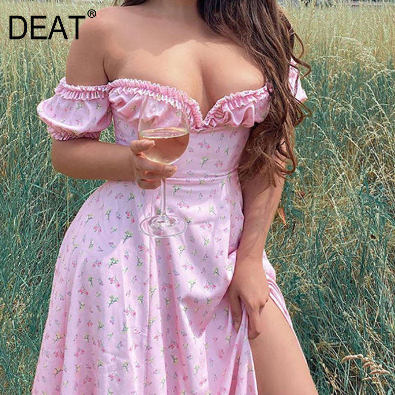 

Women Slim Long Dress Fashion Spring Summer Ladies Flower Print Short Sleeve HR483 210525, Wine