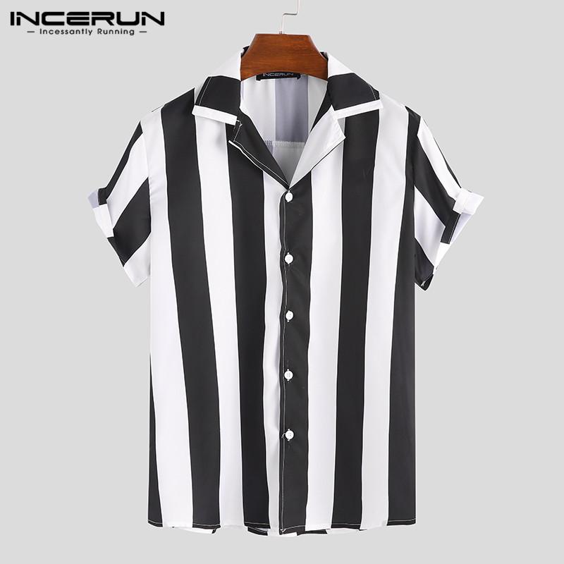 

Men's Casual Shirts INCERUN 2021 Fashion Men Shirt Multicolor Striped Short Sleeve Slim Button Tops Style Streetwear Party Plus Size, White;black