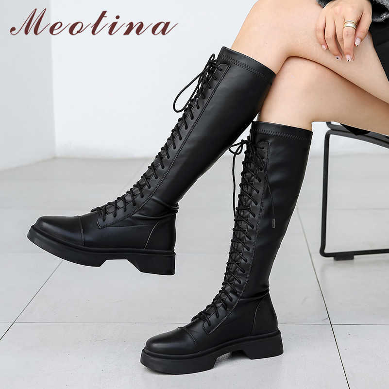 

Meotina Real Leather Platform Mid Heel Motorcycle Boots Women Long Boots Shoes Lace Up Block Heels Knee High Boots Autumn Winter 210608, Black cow synthetic