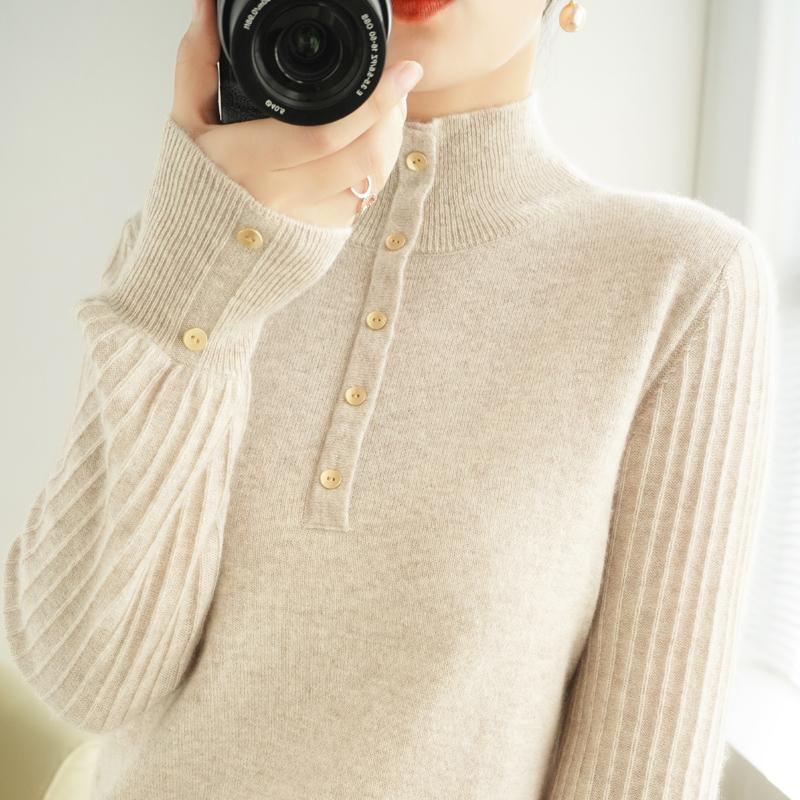 

European and American trend half high neck cashmere wool sweater ladies knit solid color long sleeve fashion all-match pullover, Pink