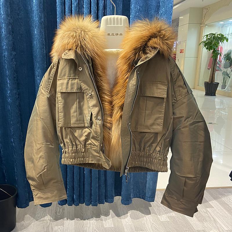 

Women's Fur & Faux 2021 Girl's Winter Thick Real Red Hood Women Lamb Parka Keep Warm Short Jacket Army Green Slim Fashion Coat, Black