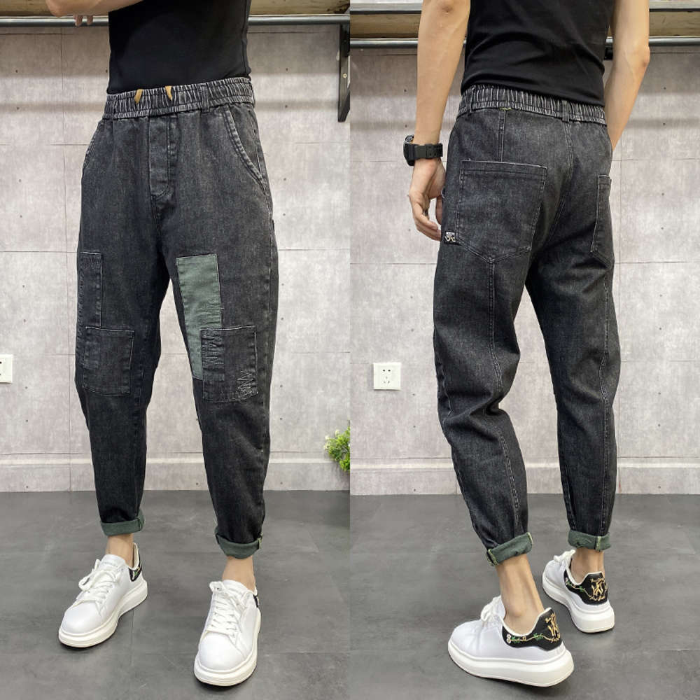 

Ins same patch stitching jeans young men's loose legged Harem Pants autumn new fashion brand daddy pants, Blue