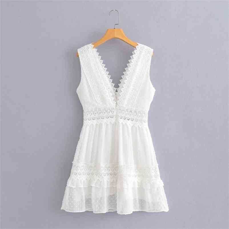 

Fashion Summer lace dress V-neck sleeveless mini Party white hollow up Slim 210524