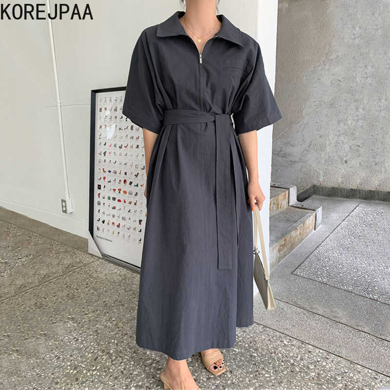 

Korejpaa Women Dress Summer Korean Chic Ladies Minimalist Temperament Lapel Half Zipper Lace-Up Waist Slimming Vestidos 210526, Gray