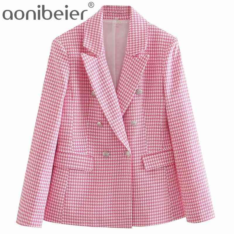 

Spring Autumn Fashion Metal Double Breasted Long Sleeve Flap Pocket Casual Blazers Pink Houndstooth Suit Jacket 210604