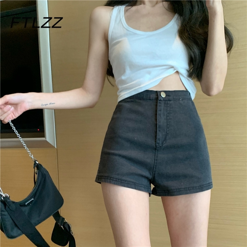 

women sexy denim shorts summer casual korean high waist vintage black jeans woman skinny Button Fly 210602, Gray