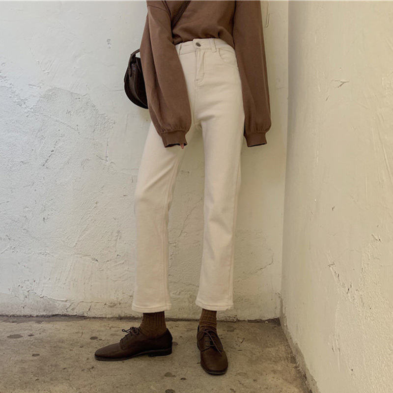 

2021 New Autumn Winter Thick Veet White Pants Straight High Waist Vintage Boyfriend Jeans for Women Slim Fit Denim Trousers R8po