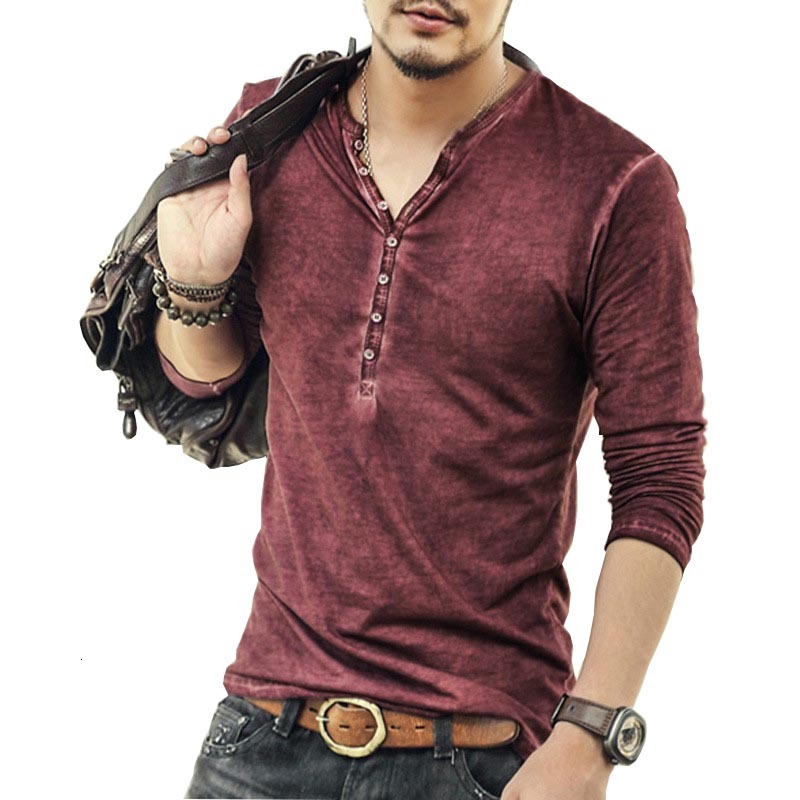 

2021 Hot Sale New Long-sleeved T-shirts High Quality Men Old Color Cardigan t Shirt Restoring Ancient Ways V-neck T-shirt 85jd, Green