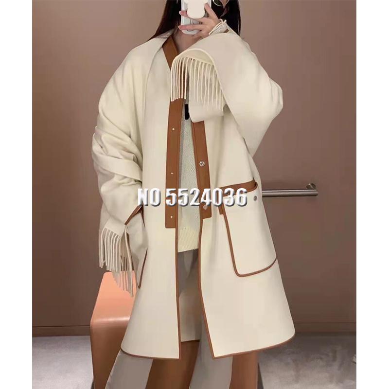 

Women' Wool & Blends 2021 Designer Woolen With Tassels Scarf Elegant Coat Women V-neck Single Breasted Long Jacket Female Loose Ladies Over, Black