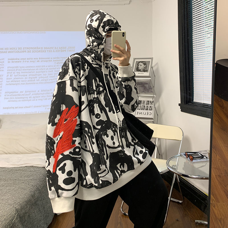 

New 2021 Men's Graffiti Printed Hooded Hoodies Cotton Casual Sweatshirts Streetwear Hip Hop Style Pullover Black Color Coats M-5xl Bsn7, Black and white