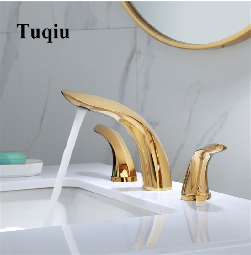 

2021 Gold Brass Bathroom Sink Faucet 3 Hole Widespread Basin Mixer Double Handle Hot Cold Water Tap New Arrival 3305