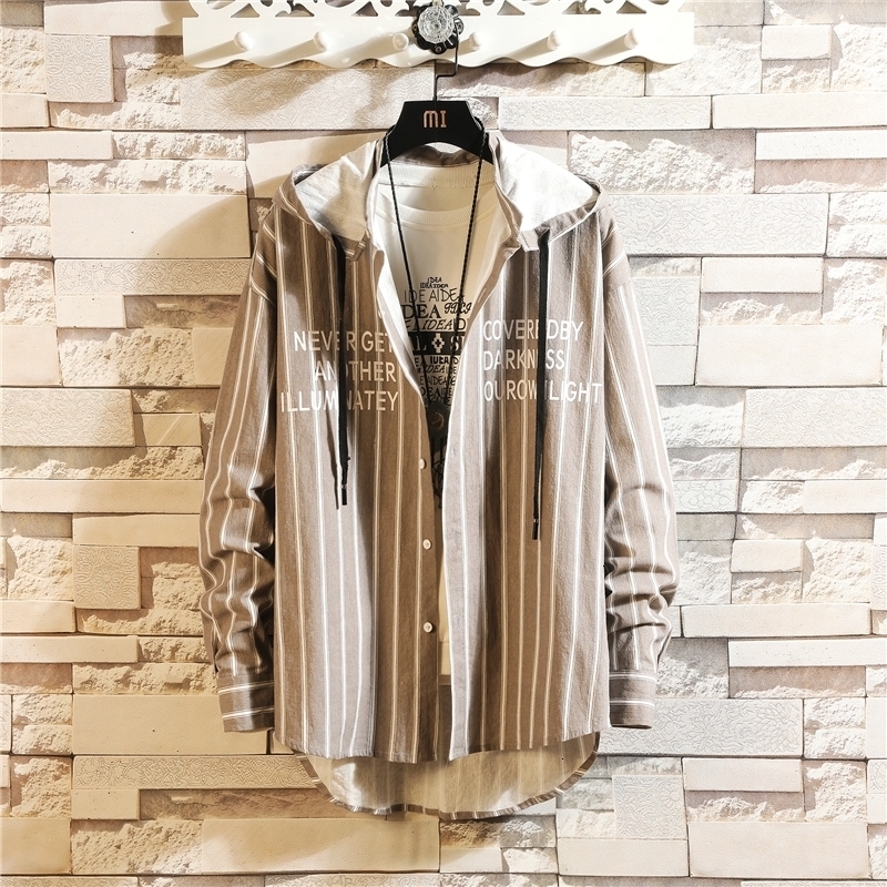

2021 New Hip Hop Streetwear Punk Style Casual Striped Shirt Men's Long Sleeve High Quality Loose with Hooded 99hr, C105 2