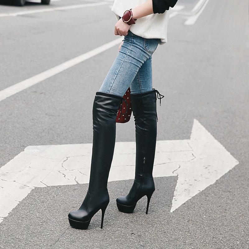 

Boots Pu Leather High Heels Over The Knee Woman Black White Colors Ladies Wedding Party Shoes Women Large Size 43