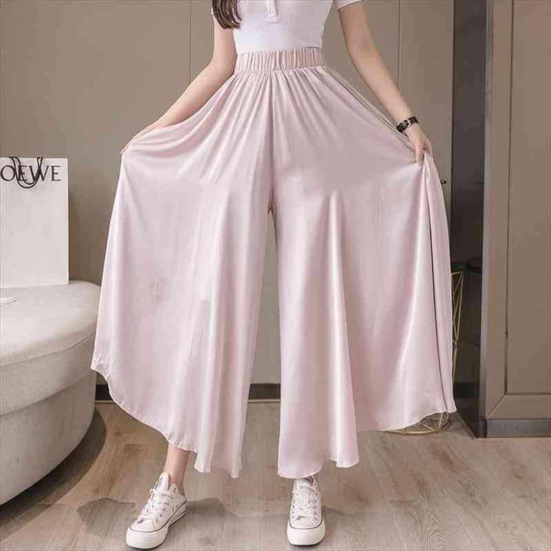 

Spring Summer Pink Black Chiffon Womens Capri Wide Leg Casual High Waist Skirts Elastic Korean Style Loose Trouser, Black;white