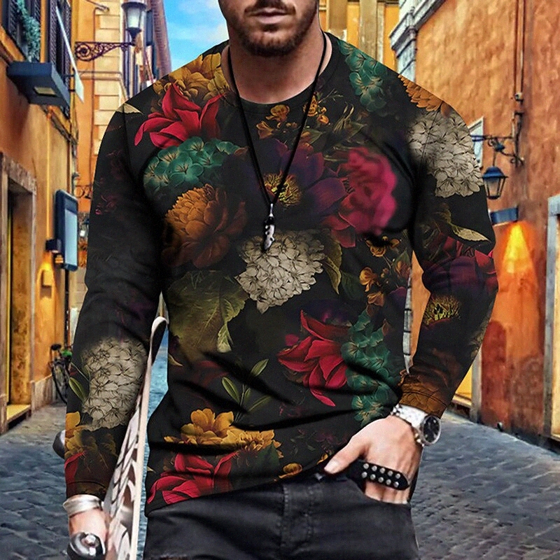 Men's Tee T shirt Shirt 3D Print Floral Graphic Plus Size Crew Neck Casual Daily Print Long Sleeve Tops Basic Designer Slim Fit Big and Tall
