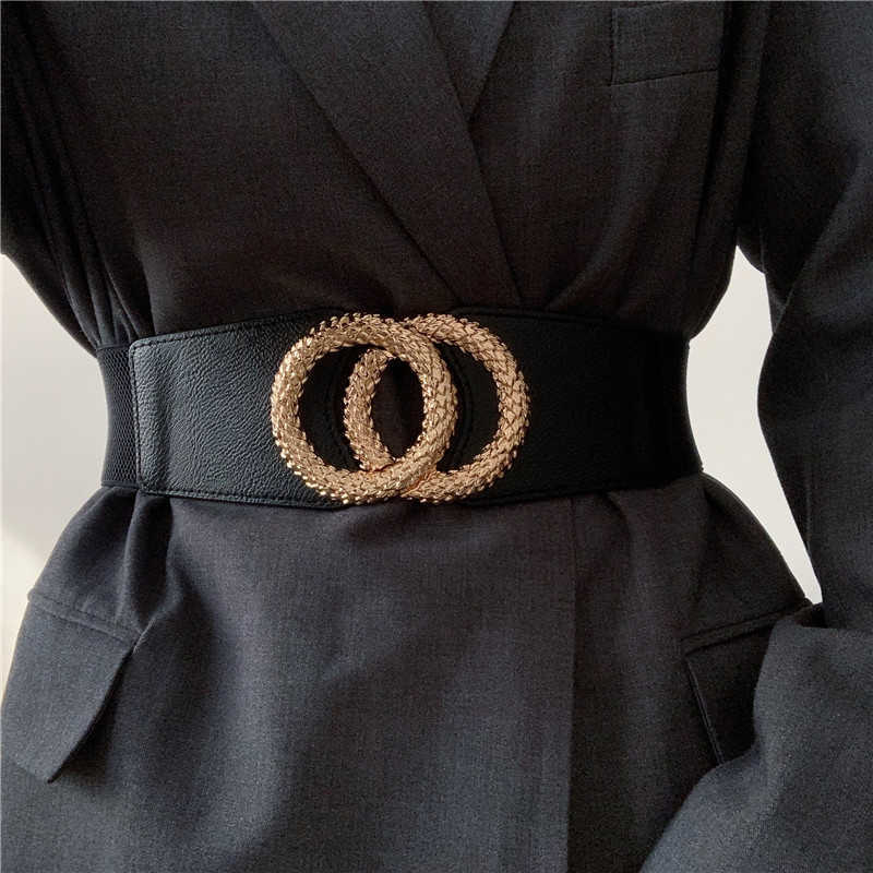 

New Wide Waistbands For Coat Women Black Elastic Cummerbunds Dress Alloy Gold Big Circle Buckle Belts Fashion Girl Waist Seal Y0817