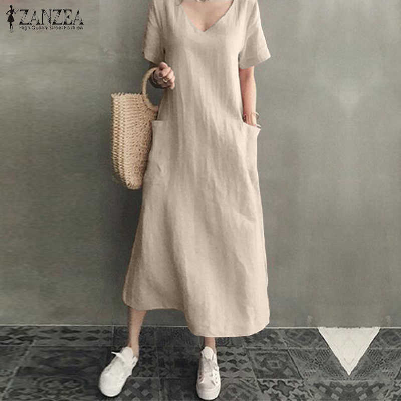

ZANZEA 2021 Women Long Maxi Summer Dress Casual Cotton Linen Ladies Big Pockets Beach Party Robe Femme Vestidos Plus Size 5XL Y0603, Beige