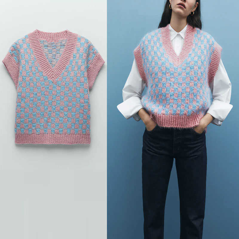 

ZA Ribbed Plaid Knit Vest Sweater Women Sleeveless V Neck Vintage Knitted Top Woman Chic Winter Cute Sweaters 210602, Blue