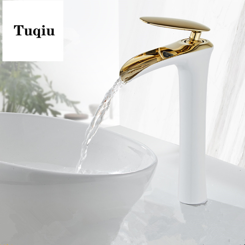 

2021 New Faucets Waterfall Bathroom Single Handle Basin Mixer Tap Bath White Gold Faucet Brass Sink Water Crane Sier Q2ot
