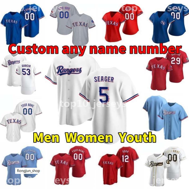 

Rangers 5 Corey Seager Texas 53 Adolis Garcia Jersey 9 Isiah Kiner-Falefa 30 Nate Lowe 38 DJ Peters 34 Nolan Ryan 3 Leody Taveras Nick Solak, Blue;black