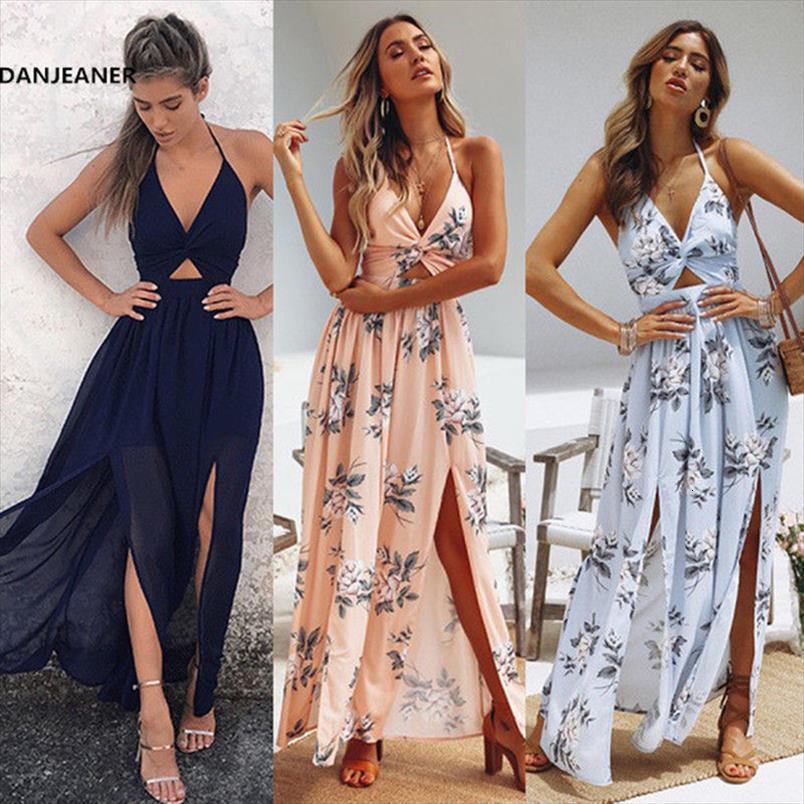 

danjeane summer boho maxi long womens dress beach v neck off shoulder floral halter backless bow vestidos, Black;gray