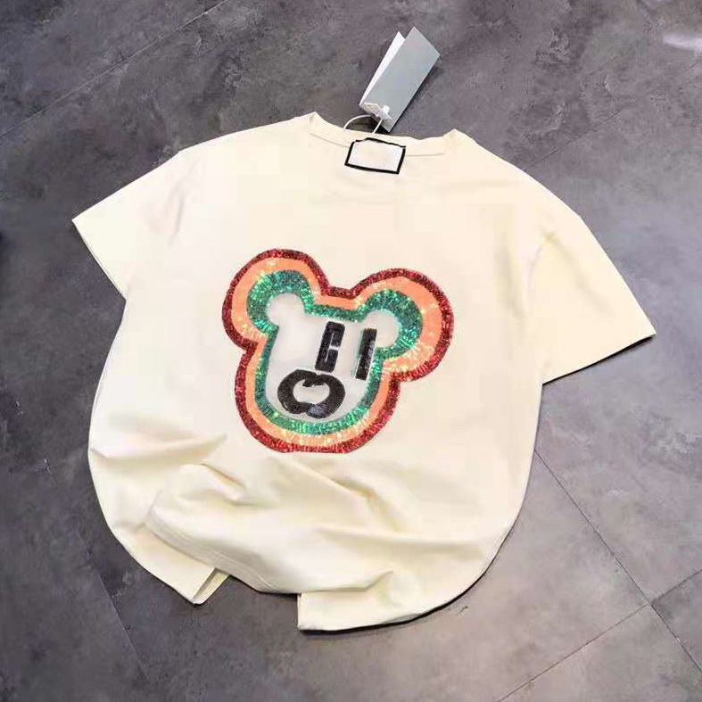 

Chaopaigu heavy industry seven color gradual change letter Sequin embroidery mouse age reducing casual round neck short sleeve lovers, Beige