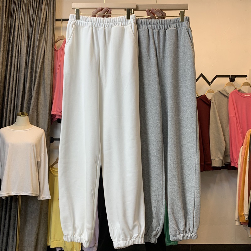 

2021 Solid Cotton Sweatpant Women Girls Simple New Preppy Style Loose Casual Sport Plus Size Elastic Waisted Autumn Fashion Korean 64c7, White