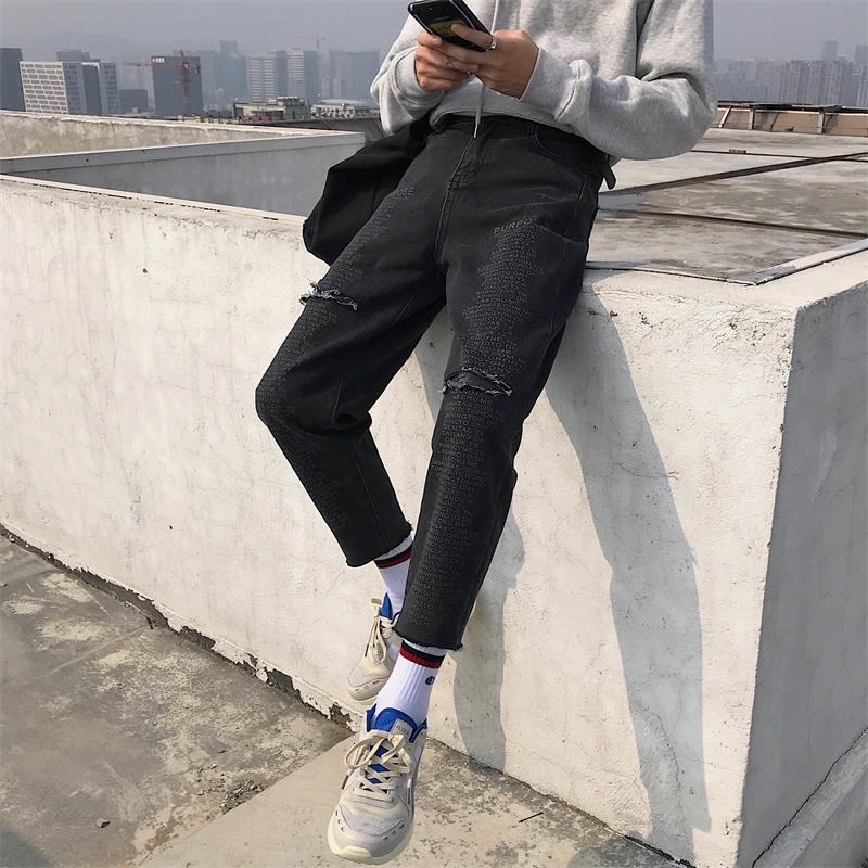 

2021 New Men' Fashion Trend Printing Holes Stretch Slim Fit Jeans Mens Classic Trousers Black Color Leisure Ny Casual Pants Yof0