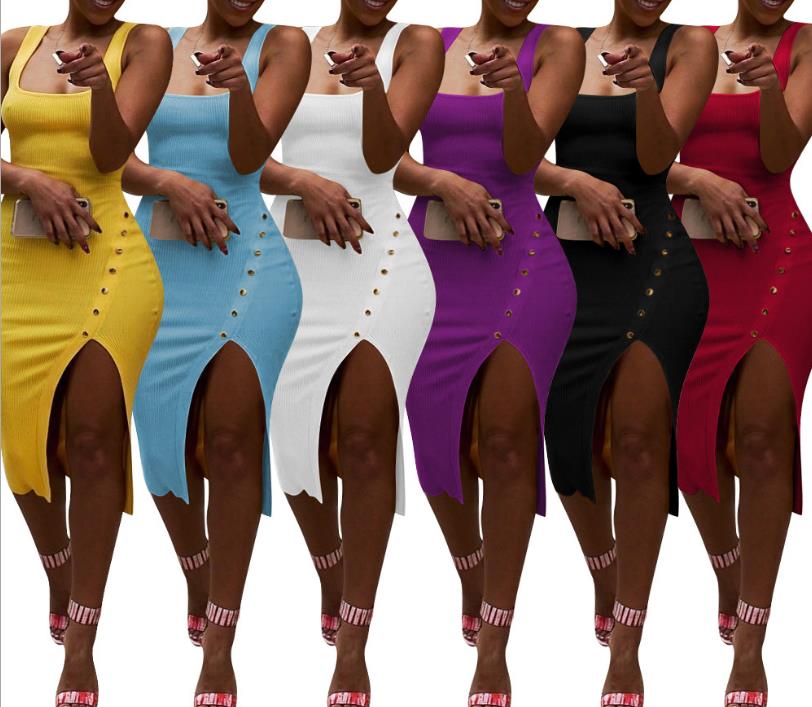 

Womens Dress Sexy Soild Sleeveless Strap Tank Ribbed Buttons Side Split Bodycon Irregular Long Pencil Midi Dresses A-XL, Purple
