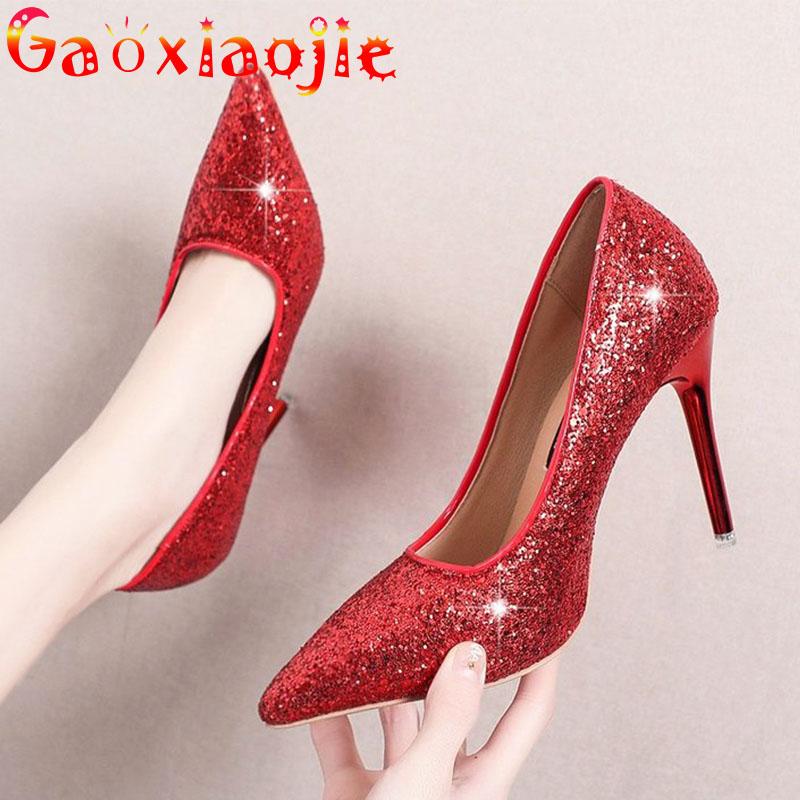 

Dress Shoes 2021 Shiny Sequins Women Pumps Sexy Pointed 10CM Prom High Heels Fashion Easy Matching Temperament Model Show, As picture shown