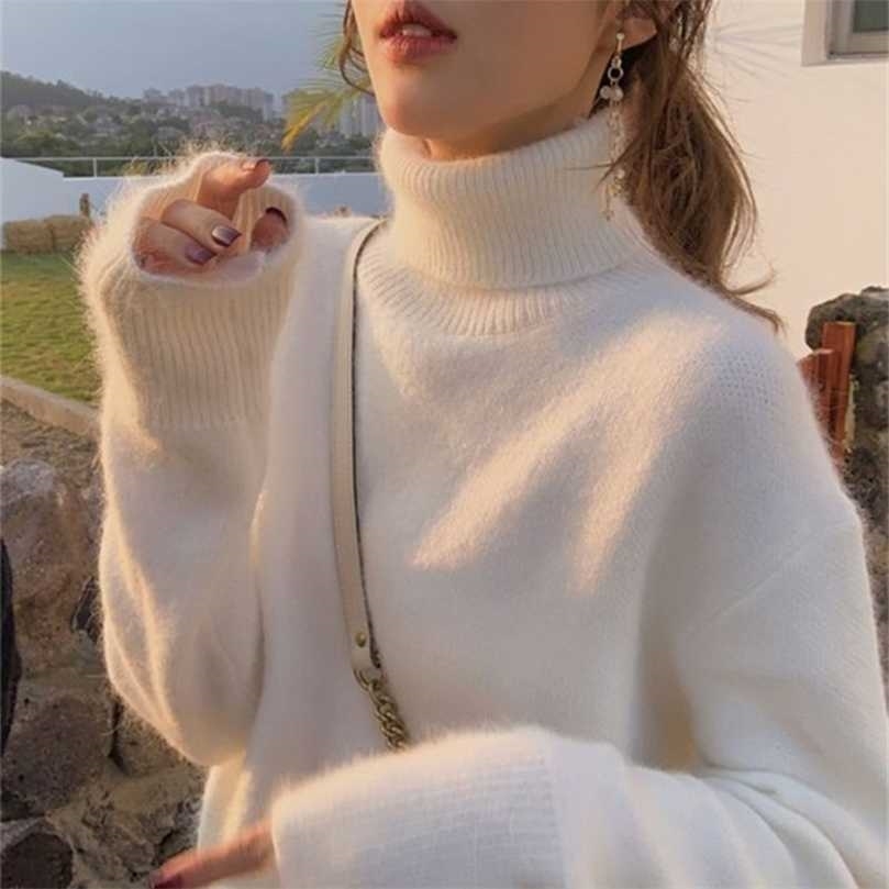 

Winter 100% Mink Cashmere Turtleneck Sweater Women's Loose Big Size White Fluffy Pullover Angora Soft JNS306 211206, Camel