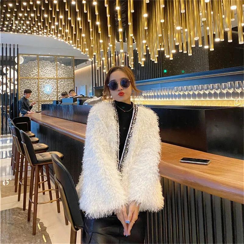 

Women's Fur & Faux 2021 Heavy Industry Bead Coat Autumn And Winter Cardigan Lamb Wool Temperament Solid Color Jacket Ladies, Black