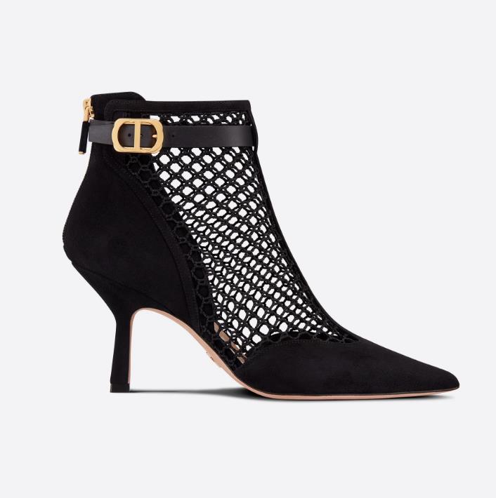 

Women Black Mesh Heeled Ankle Boots Suede Calfskin Tip Back Designer Lady Strap Buckle Rear Zipper Star Rubber Sole 8CM High Heel Boot