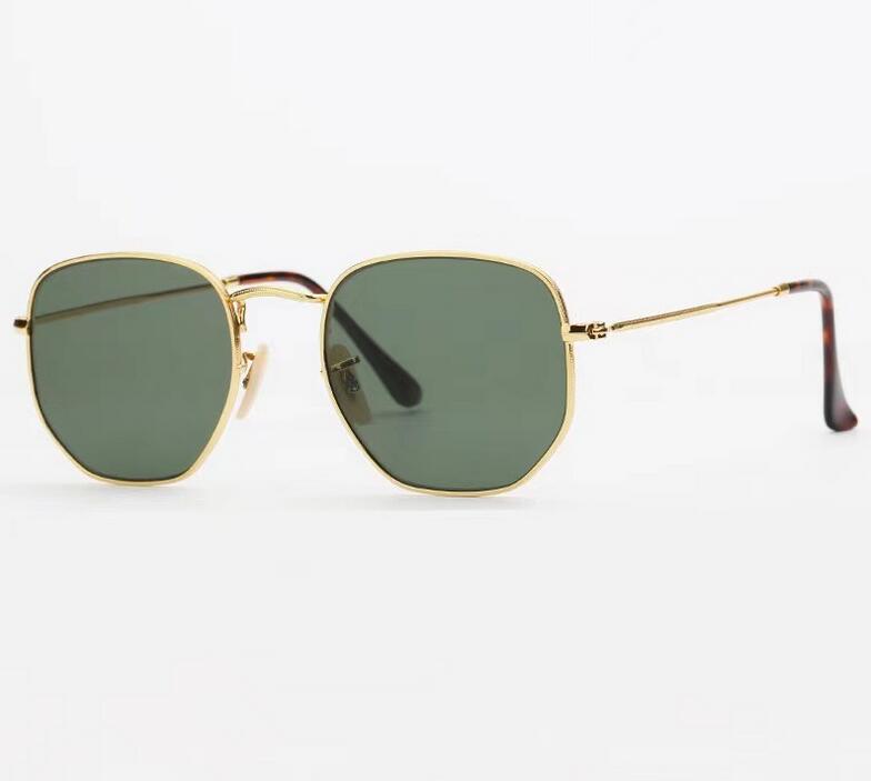 

High Quality Mens Womens Hexagonal Sunglasses Irregular Eyewear Sun Glasses Gold Metal Green Glass Lenses 51mm