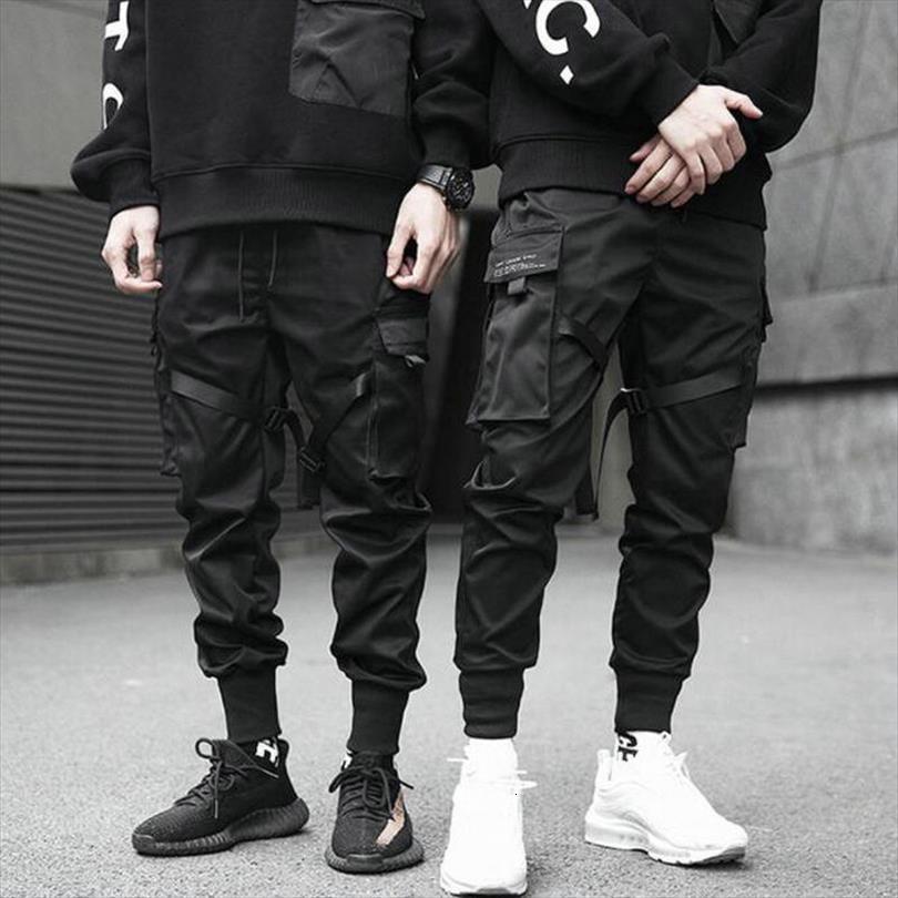 

harem joggers cargo streetwear women pant hip hop casual pockets ribbons track male harajuku fashion trousers, Black