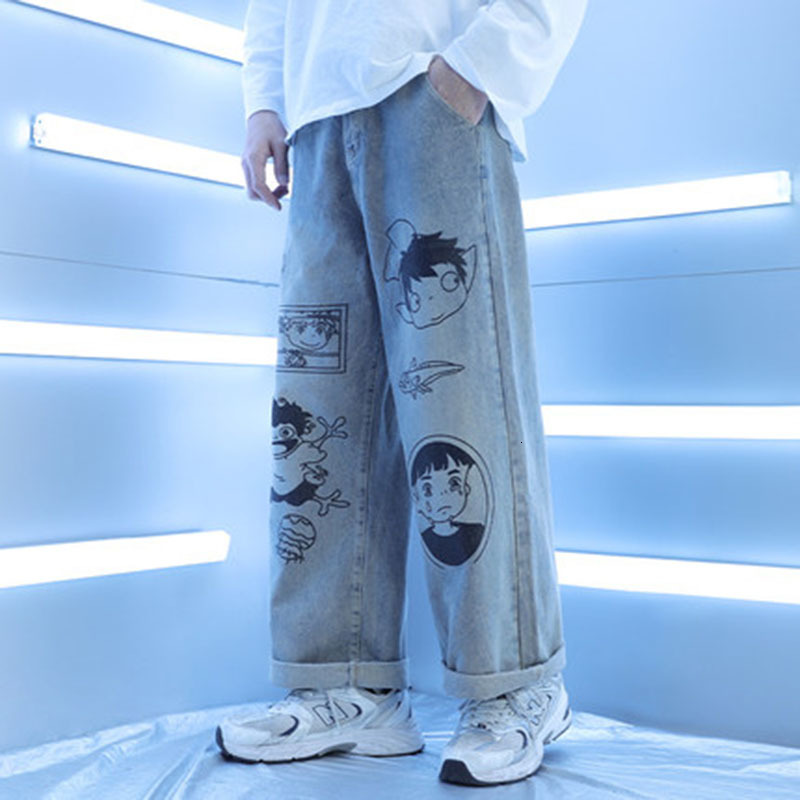 

2021 New High Street Cartton Print Washed Denim Trousers for Men Harajuku Straight Wide Leg Loose Casual Jeans Pants B3z3, Pic color