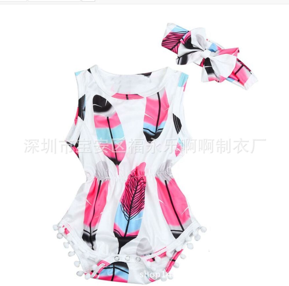 

Single baby feather print + headband two piece climbing suit, White