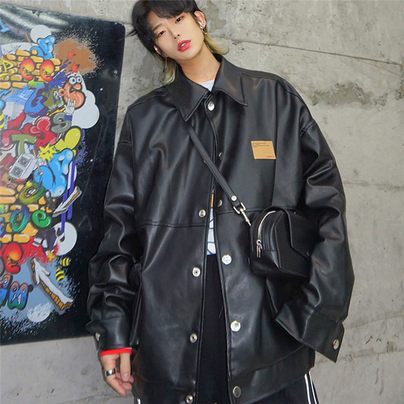 

2021 New Outono Masculina Moda Casual Solto Japo Harajuku Manga Longa Jaqueta De Couro Masculino Preto Rock Zper Topos P83c