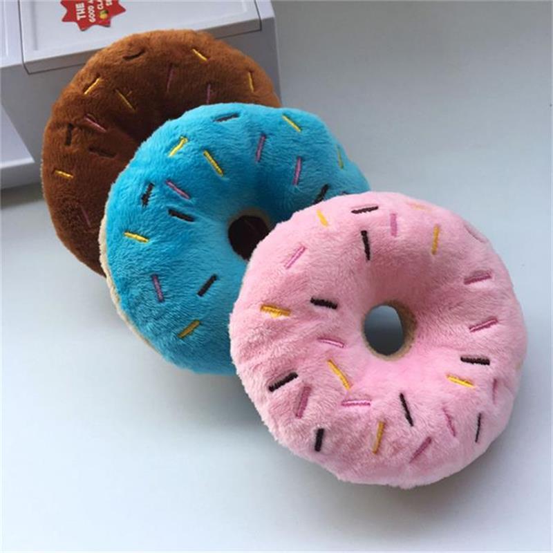

Lovely Pet Dog Puppy Cat Squeaker Quack Sound Toy Plush Bread Chew Donut Play Toys Free Shipping