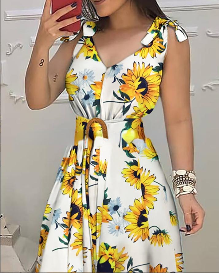 

Casual Dresses Sunflower Print Lace Up Dress Women 2021 Summer