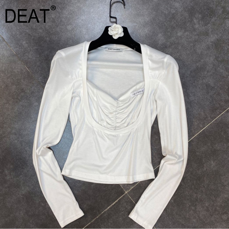 

square Collar Full Sleeves Letter Slim Arrivals Solid Color Long Sleeve Square Stiching Bottom T-shirt MZ673 210525, Black