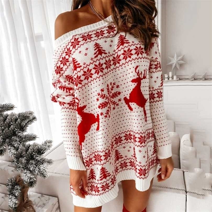 

Women Christmas Off Shoulder Sweater Dress Autumn Winter Long Sleeve Knitted Print Casual Pullover Oversized Mini Dresses 211110, White