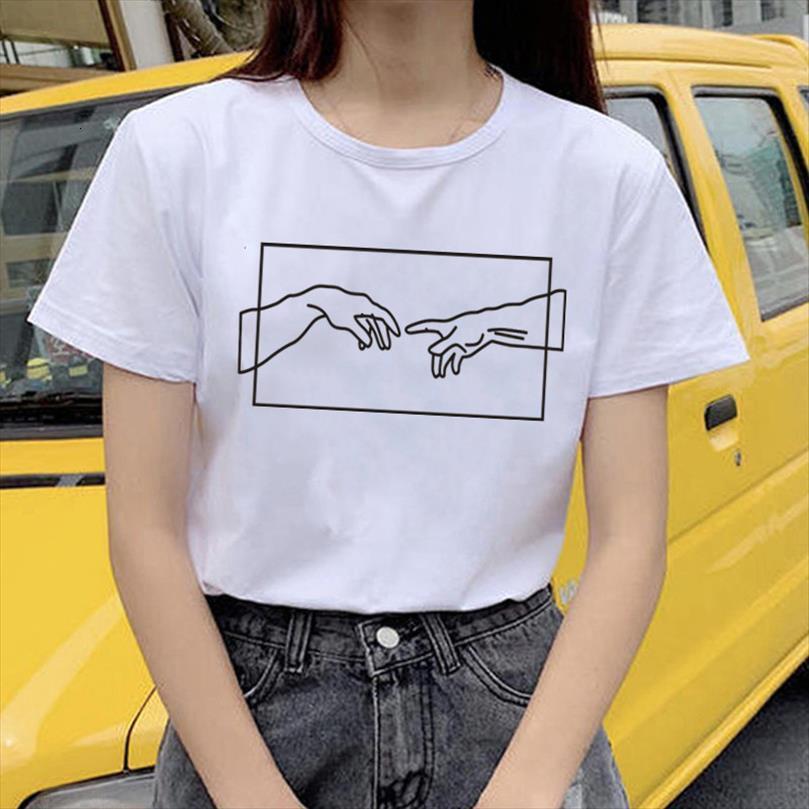 

michelangelo creation hands line art mens and women summer harajuku short sleeved fashion casual o neck womens, White;black
