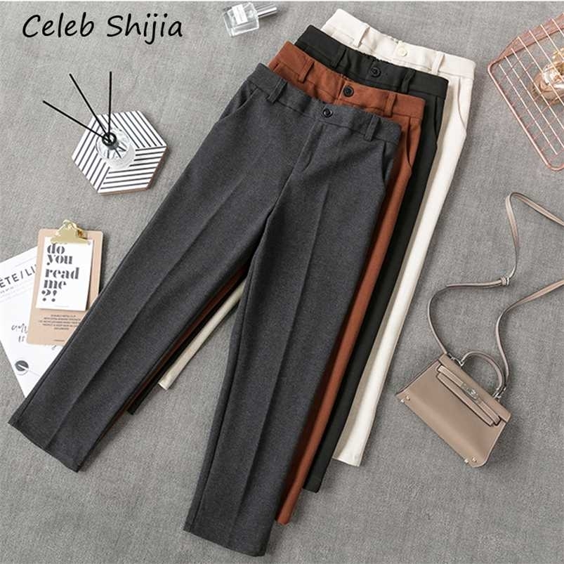 

High Waist Woman Woolen pants Loose apricot gray business OL blazer suit pants female autumn winter 211109