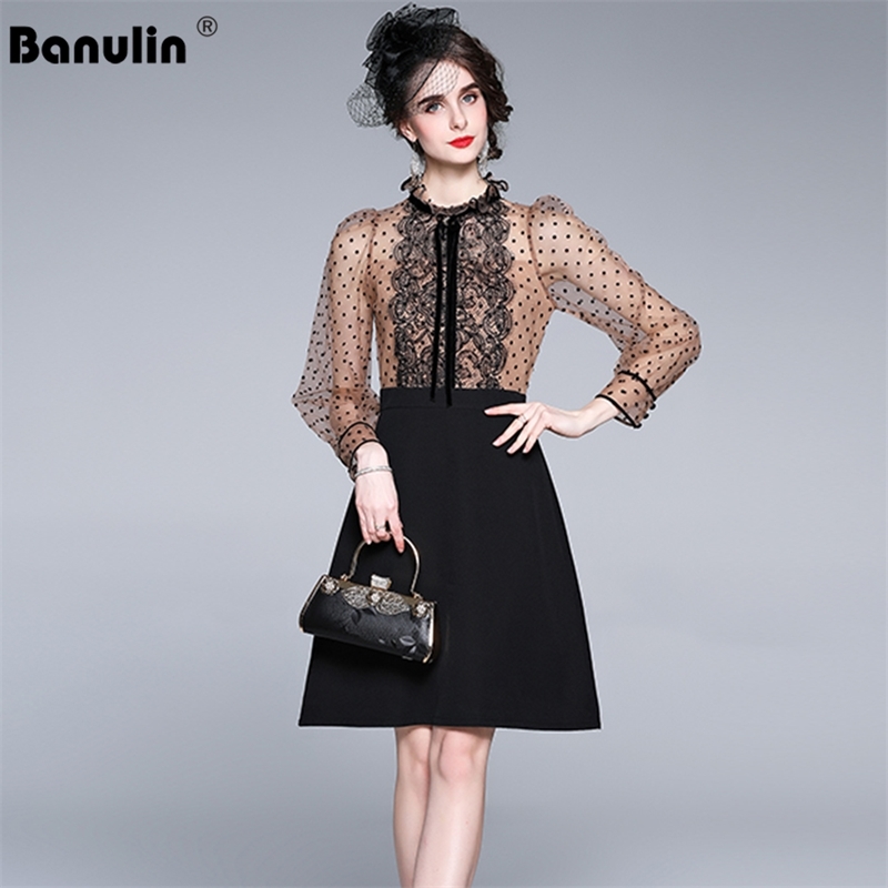 

Banulin Sexy Dot Print Black Lace Patchwork Bow Stand Collar Short Dress Women's Fashion Designer Office Work Party Midi 210603, The picture color